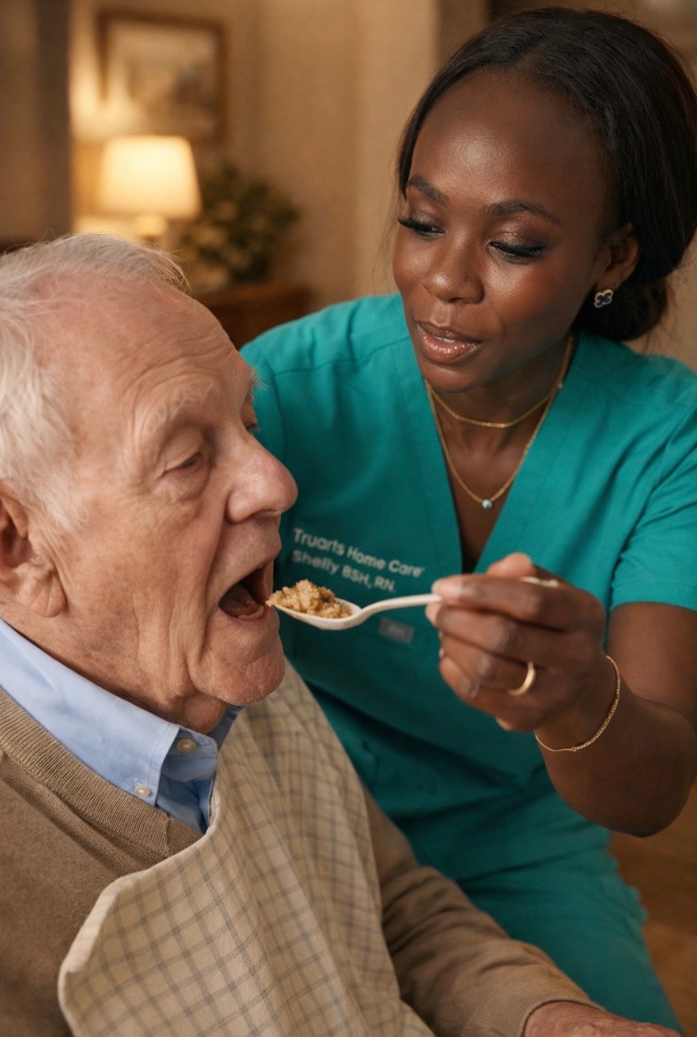 Shelly McConnell, BSN, RN - Founder and CEO of TruAura Home Care, wearing branded teal scrubs, providing compassionate in-home senior care in Fairfield County Connecticut